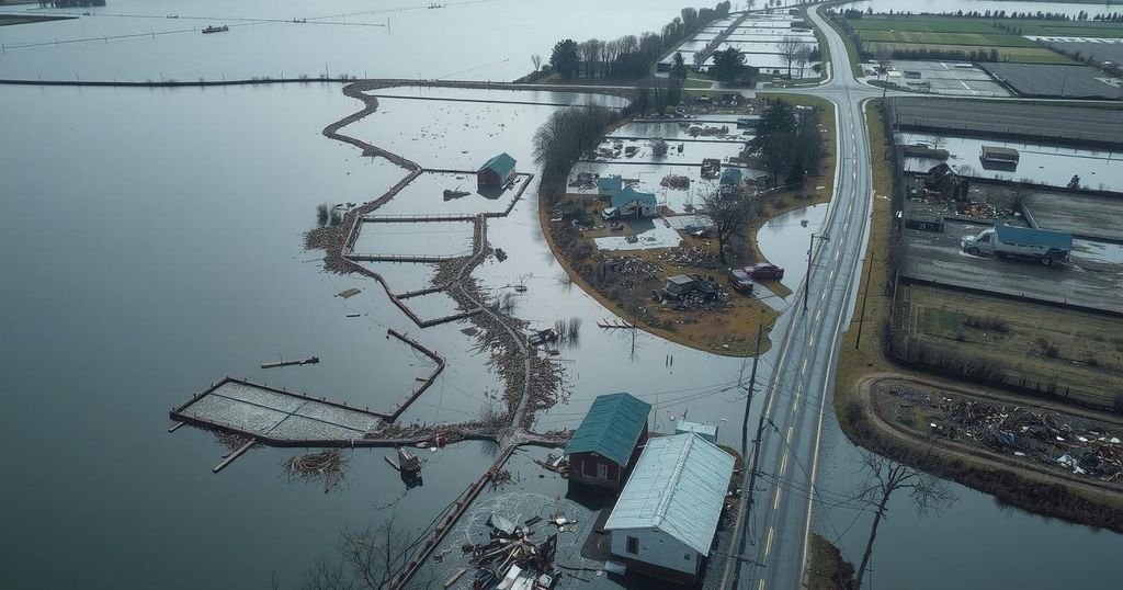 Aerial view of flooded landscapes with devastated areas and blurred rescue teams working amidst debris and water.