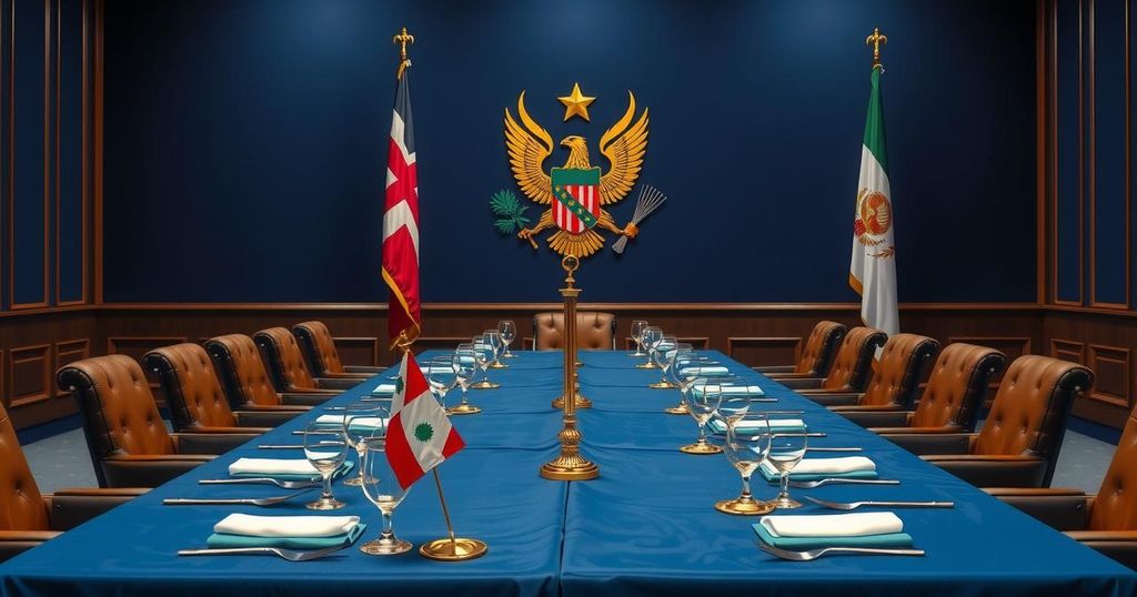 Illustration of a formal meeting with a grand table setting and national emblem background, reflecting diplomacy.