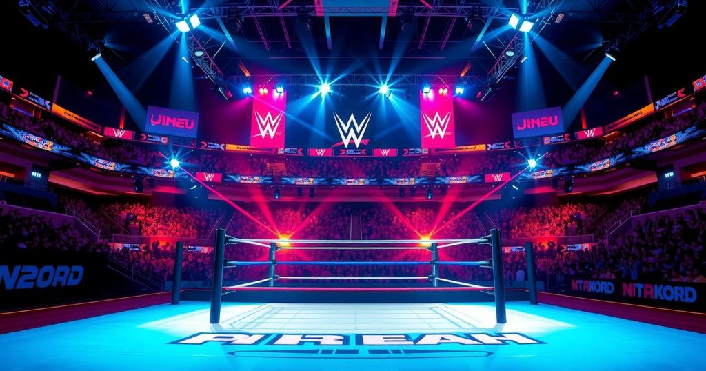 WWE event in Saudi Arabia with dramatic lighting and wrestling ring set for Cody Rhodes and Randy Orton's segment.