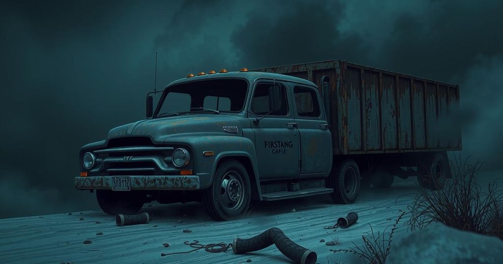A dark and moody artistic illustration of a charred vehicle in a desolate landscape, emphasizing the tragedy.