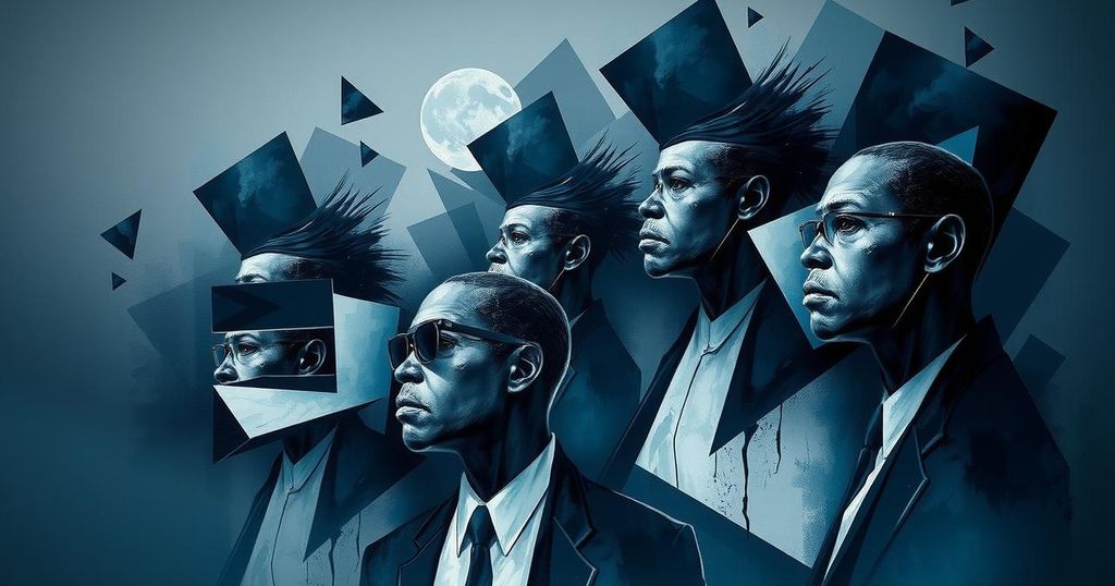 Abstract representation of Kenya's police leadership in turmoil, with dark tones symbolizing tension and a sense of urgency.
