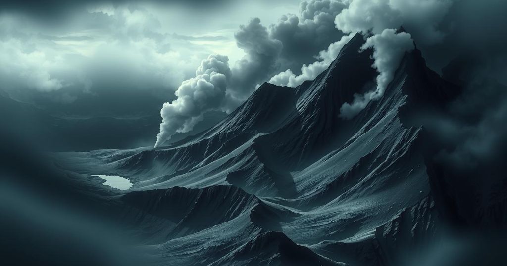 A dramatic landscape showing mountains with smoke rising, representing conflict and military action.