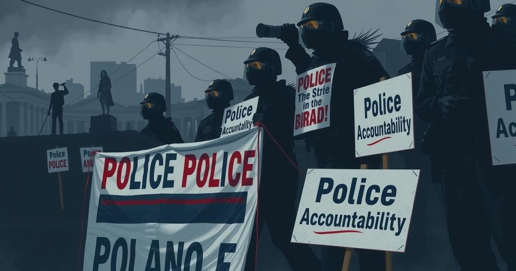 A powerful scene depicting a protest with banners, police presence, and a strong atmosphere of accountability in Kenya.