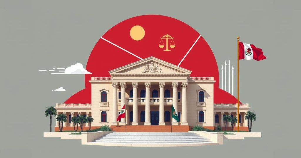 A conceptual illustration of a government building symbolizing Mexico's political landscape and judiciary.