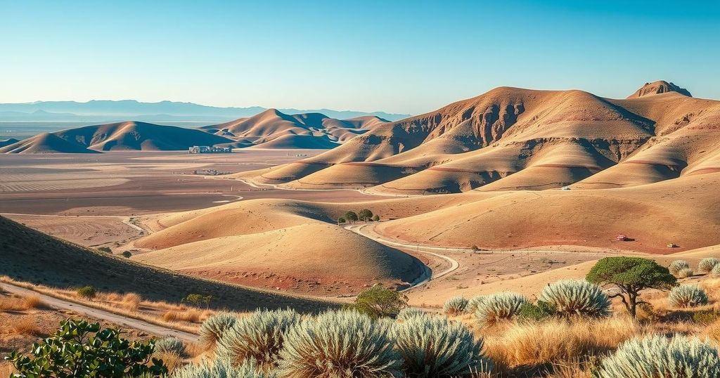A tranquil landscape of the Kenyan countryside under a blue sky, with rolling hills and sparse vegetation.