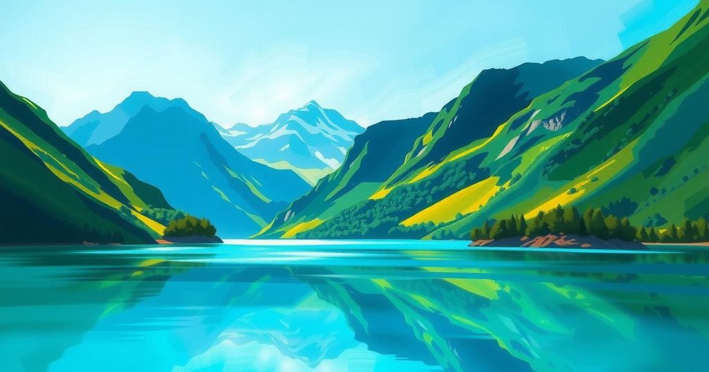 Beautiful landscape depicting a serene lake surrounded by mountains under a clear blue sky.
