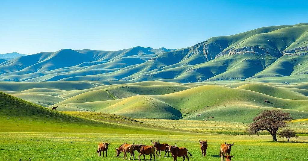 A vast green landscape with a clear blue sky and grazing livestock, showcasing the beauty of nature in South Africa.
