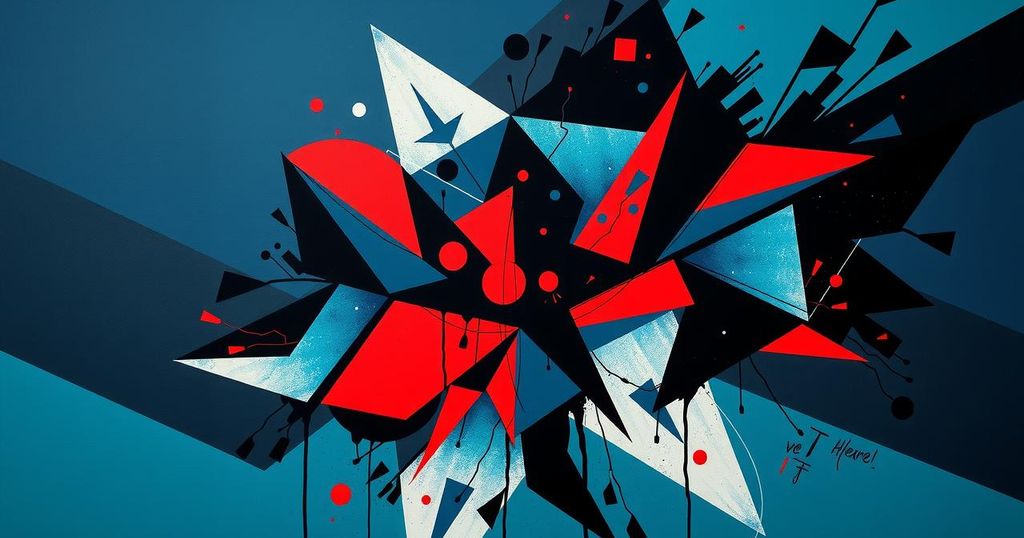 A graphic abstract representation of conflict with dark colors and geometric shapes, conveying tension and unease.