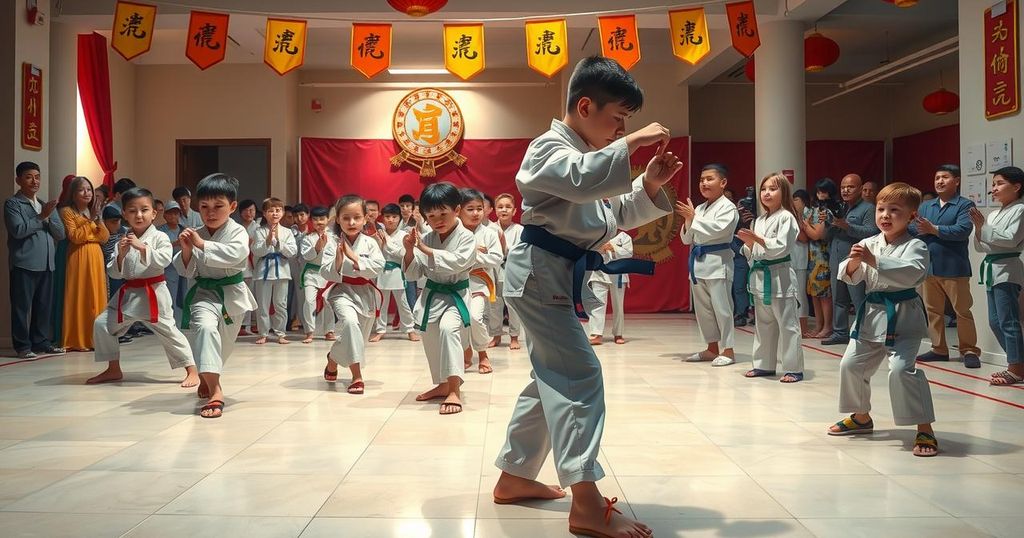 Vibrant martial arts celebration scene with banners, trophies, and young practitioners showcasing skills in a festive setting.