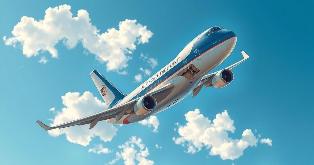 Air Force One soaring above clouds with blue skies and hints of diplomacy in the background, representing victory and challenges.