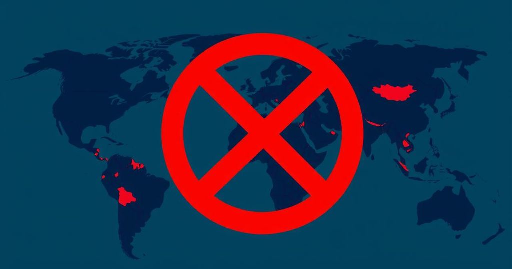 A symbolic representation of international travel restrictions featuring a world map and a red prohibition sign.
