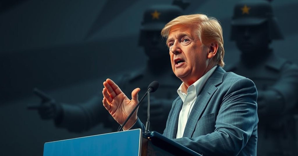 A political commentator at a podium delivering a passionate critique with a backdrop of a blurred military theme.