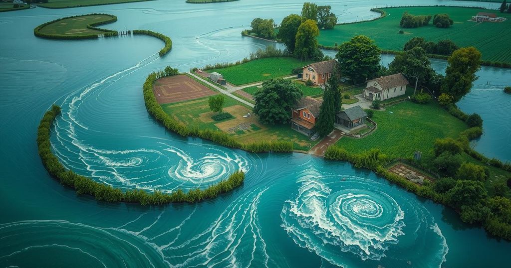 A dramatic landscape showing floodwaters submerging a rural area with trees and debris amidst swirling currents.