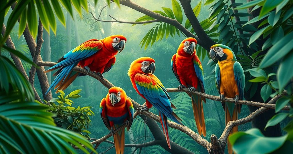 A vibrant depiction of colorful parrots amidst flourishing green forests, symbolizing the urgent need for wildlife conservation.