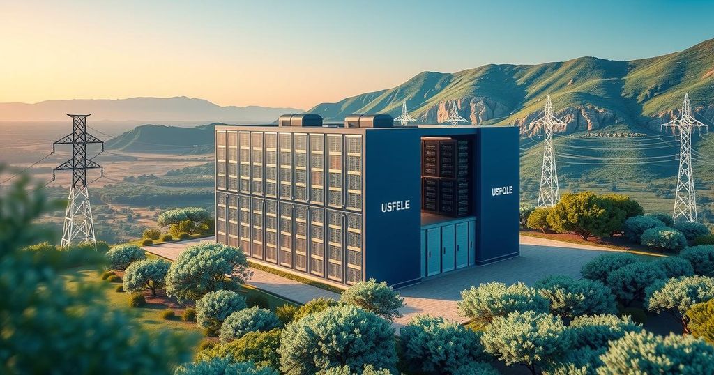 Overview of a data center project in Botswana with energy sources highlighted in a modern artistic style.
