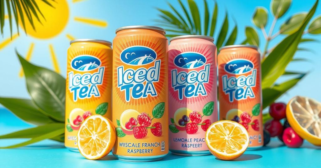 A vibrant illustration of iced tea cans in Lemon, Peach, and Raspberry flavors against a summer background.