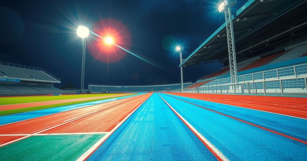 Vibrant track and field scene featuring a rippling track under bright stadium lights, set in a lively outdoor environment.