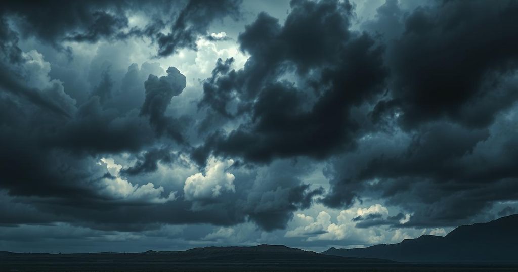 Dramatic political landscape with stormy skies and dark silhouettes representing conflict and tension.