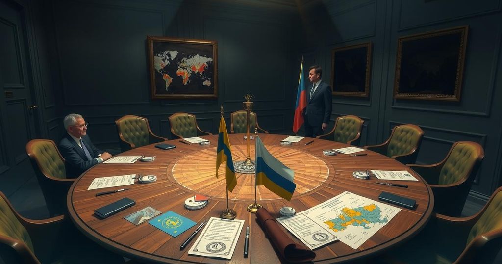 A strategic meeting at a round table with maps, diagrams, and flags representing Ukraine and Russia with tension in the air.