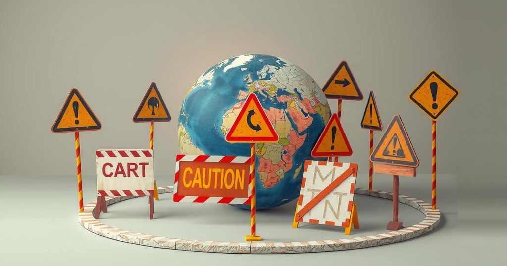 A visual representation of travel restrictions, depicting a globe and blocked pathways with caution imagery.