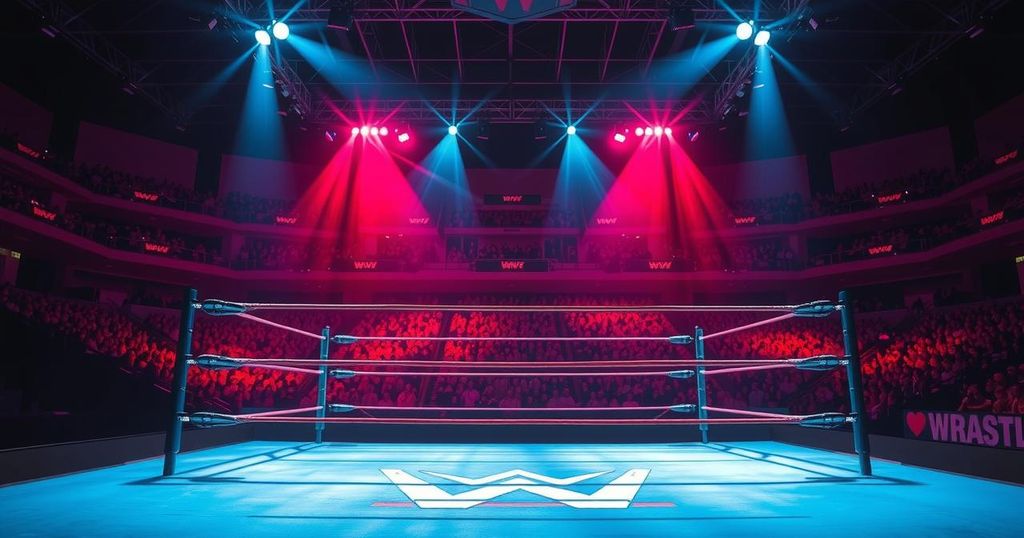 A vibrant wrestling ring illuminated by bright lights, reflecting the excitement of a live WWE event.