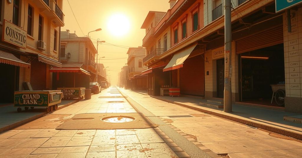 A desolate street scene in a hot city with empty market stalls and dry pavement under a bright sun.