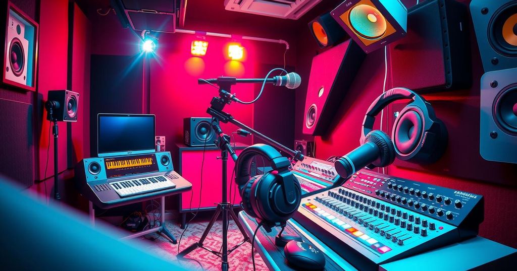 A vibrant studio scene featuring musical equipment, headphones, and sound mixing boards, reflecting creative energy.