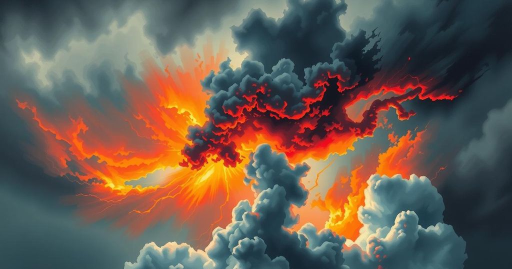 Dramatic sky with dark storm clouds and bursts of orange and red light, depicting tension and turmoil.