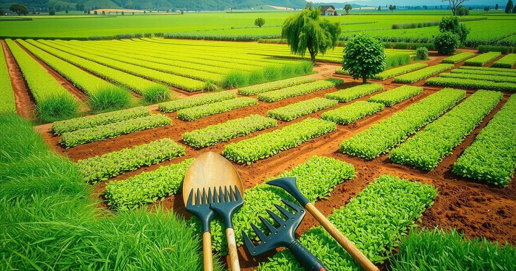 Illustration of a rural Kenyan landscape with farming tools and crops, symbolizing the fight against hunger.
