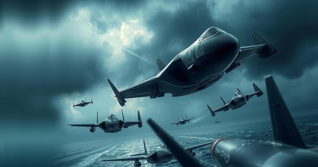 Dramatic military scene depicting stealth bombers, fighter jets, and submarines above a turbulent sea.