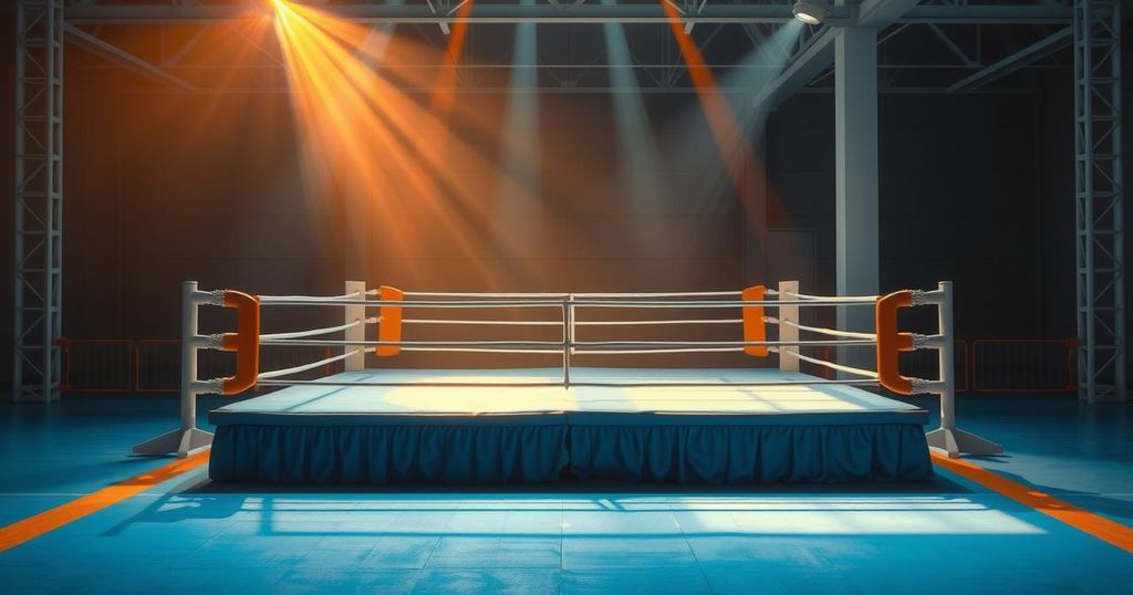 A peaceful boxing ring with soft lighting, surrounded by tranquil colors, embodying respect and solemnity in sports.