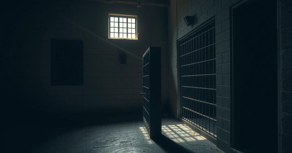 A somber prison cell with shadows, emphasizing the theme of injustice and call for reform in a dark color scheme.