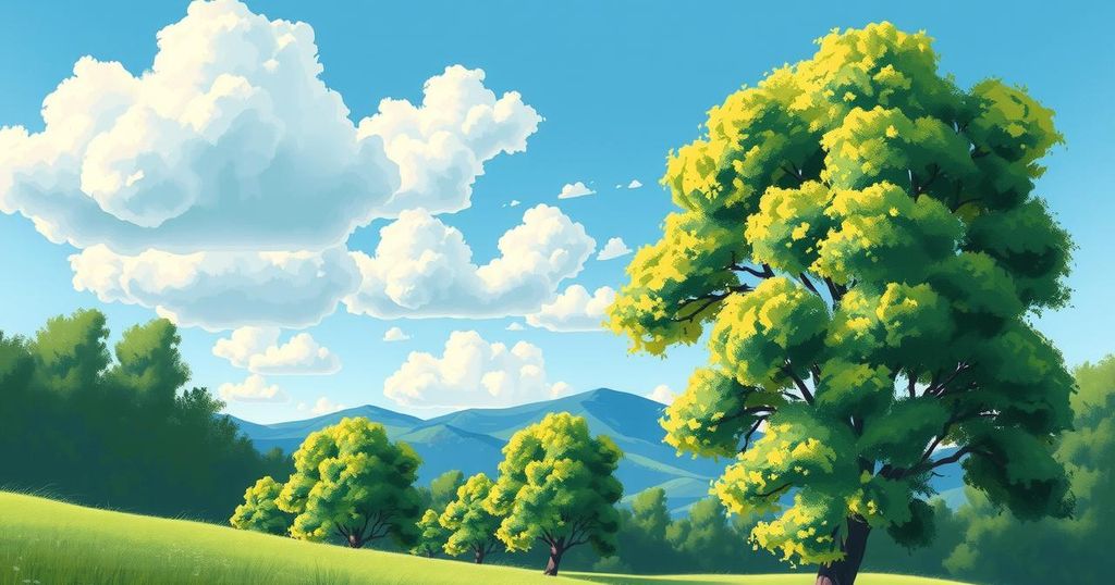 A serene landscape with lush green trees, a clear blue sky, and distant mountains, symbolizing health and hope.
