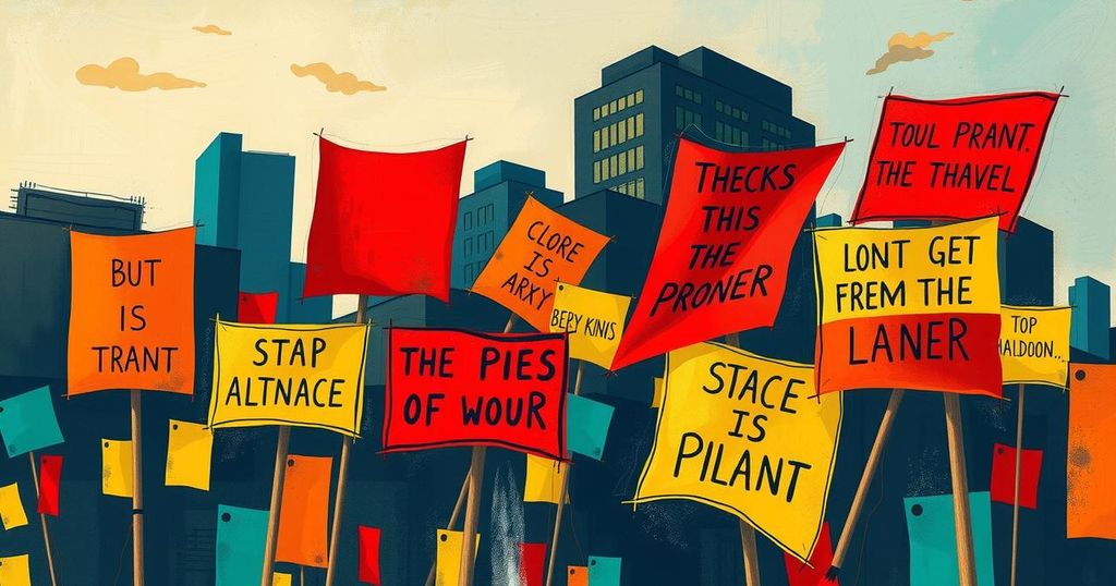 A colorful abstract representation of protests with vibrant banners and signs in a cityscape.