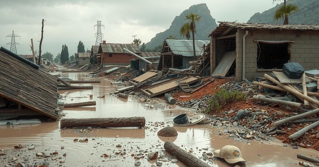 Destruction from floods in South Africa, showing debris, muddy waters, and damaged infrastructure amidst a natural landscape.
