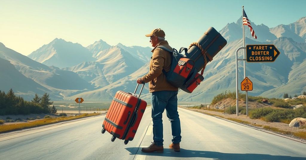 A weary traveler with luggage crossing a border with mountains in the background, capturing resilience and hope.