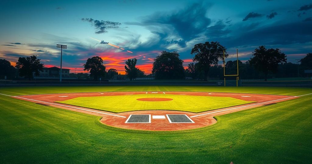 A baseball diamond at twilight, showcasing a vibrant field with a home plate, bases, and lush green grass.