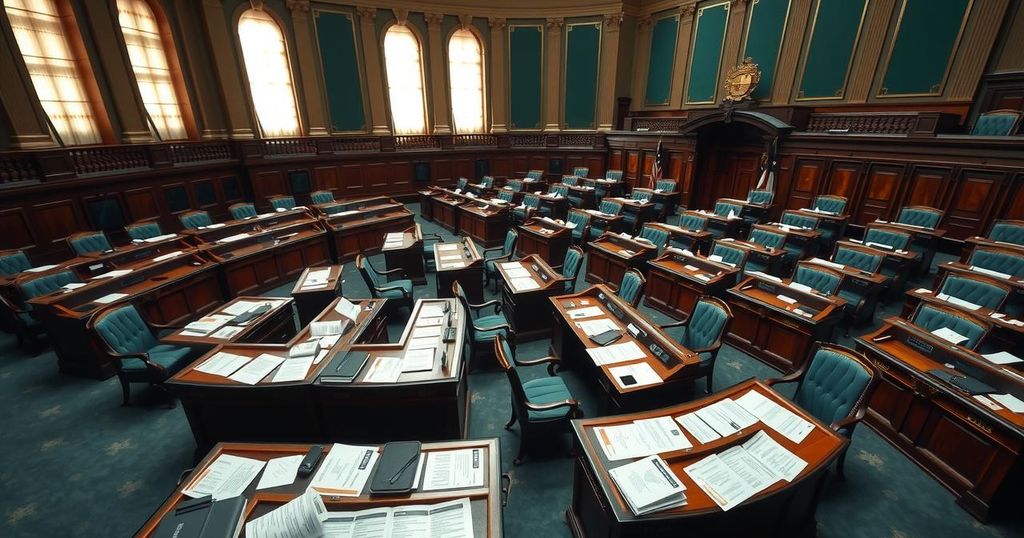 Legislative chambers busy with paperwork and senators discussing tax legislation, in an organized government setting.