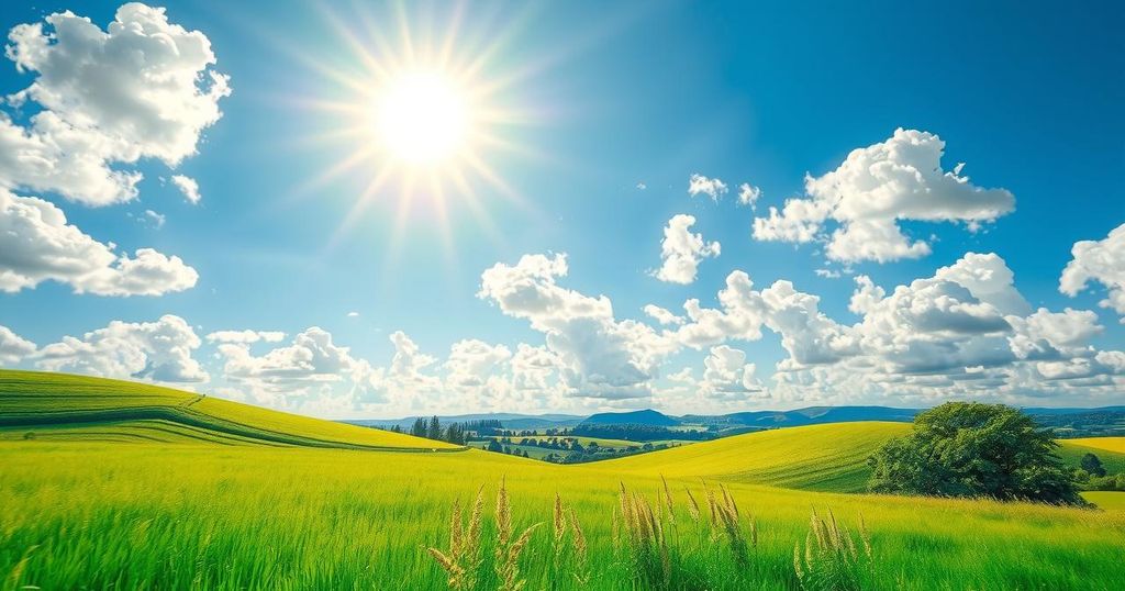 A bright summer sky with a few fluffy clouds and a warm sun shining over a lush landscape.