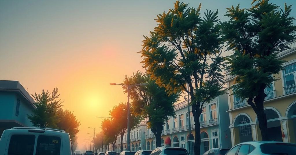 A calm street scene at dawn, featuring subtle colors and clear skies, depicting tranquility after a tumultuous event.