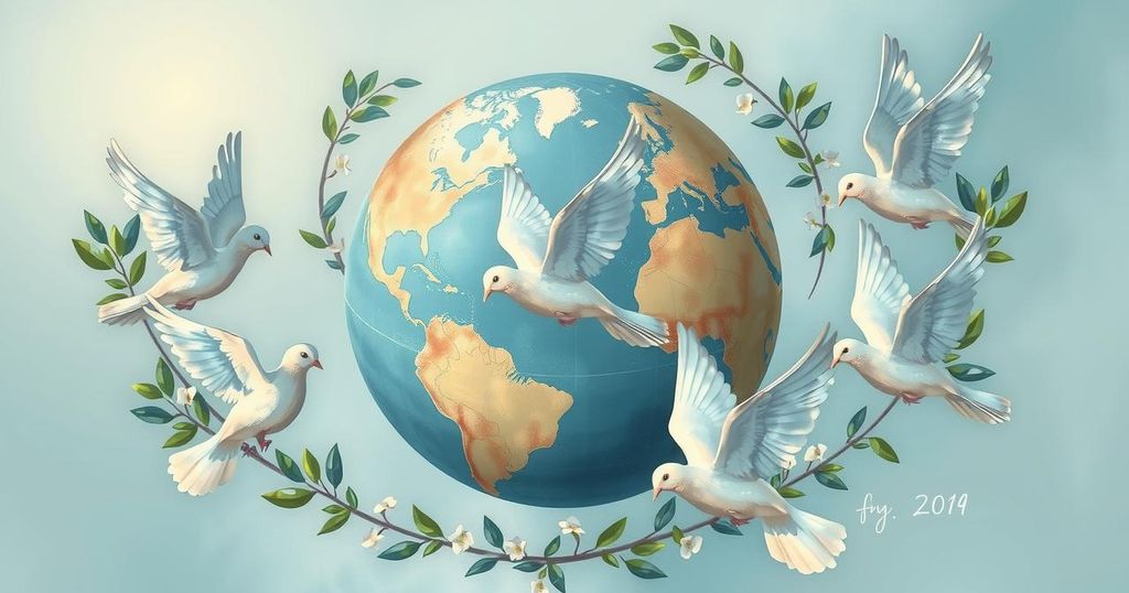 A symbolic illustration representing peace treaties, showcasing doves, olive branches, and a globe in calm colors.