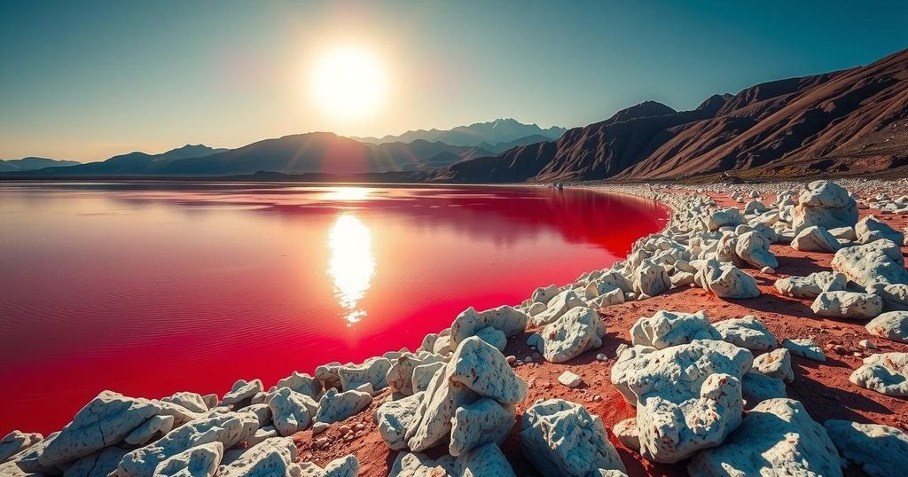 Surreal crimson landscape of Lake Natron, showcasing vibrant colors and unique geological features.