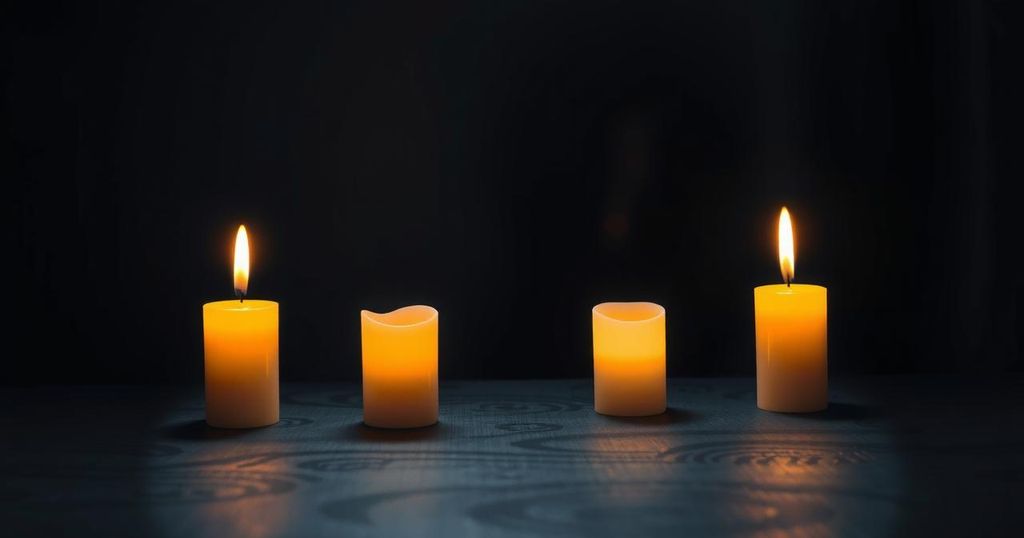 A somber memorial scene representing remembrance and loss, featuring four candles softly flickering in the dark.