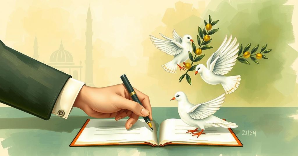 Symbolic peace treaty signing between two countries with olive branches and doves in a serene setting.