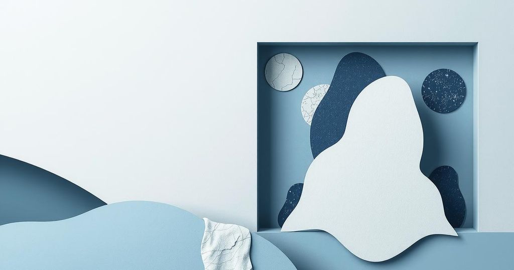 Symbolic representation of migration barriers impacting communities in Massachusetts, using muted colors and abstract forms.