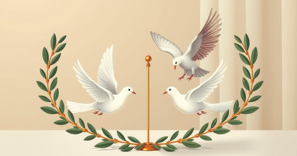 Rwanda and DRC peace deal signing with olive branches and doves in a diplomatic setting, muted colors, contemporary style.
