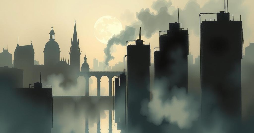 A stylized depiction of an abstract city scene with smoke, shadows of buildings, and muted colors, symbolizing tension.