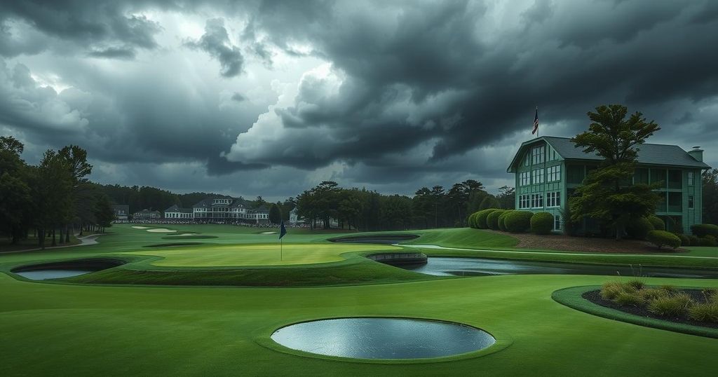 Oakmont golf course with rain clouds and wet greens as storms threaten US Open golf tournament.