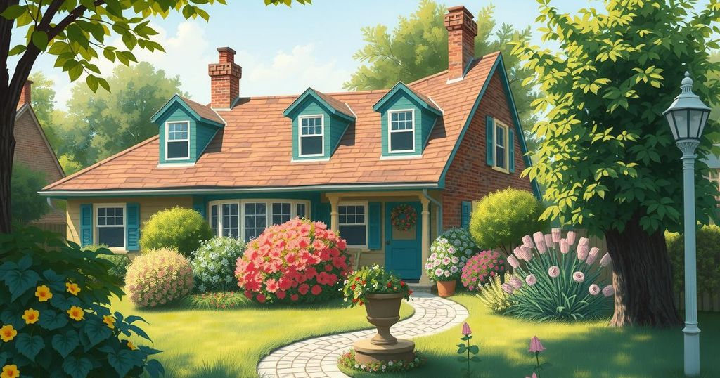 A serene neighborhood scene with a quaint house surrounded by lush greenery and a peaceful atmosphere.
