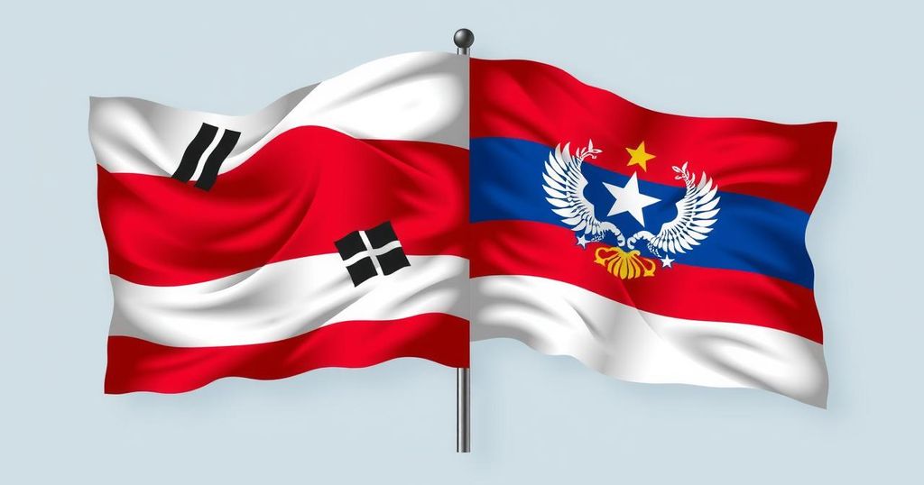 A design featuring flags symbolizing North Korea and Russia, intertwined with symbols of unity and collaboration.